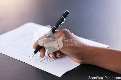 Image of Checklist, paper and hands writing a schedule, agenda or planning administration at work. Receptionist, plan and person with notes on a document for information, project management or working