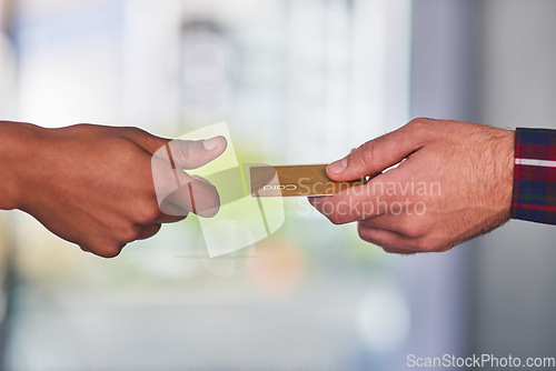 Image of Credit card, hands and payment for a service, product or shopping at a store. Finance, giving and people with a transaction of money to pay for a sale, retail or banking as a customer in a shop