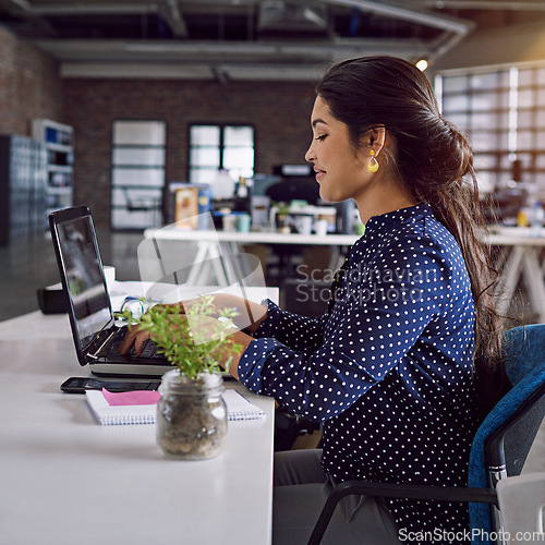 Image of Laptop, typing or business woman working on advertising data analysis, social media statistics or customer experience insight. Brand monitoring profile, app ux research or person review web analytics