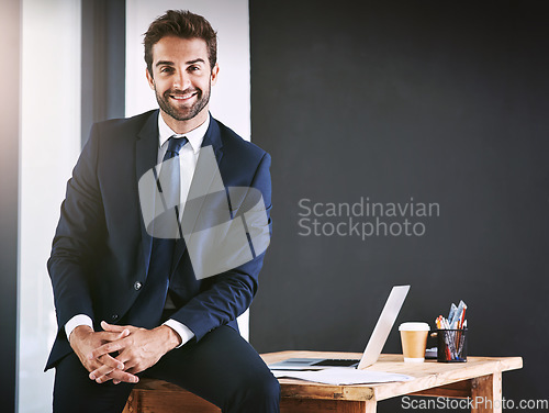 Image of Business, portrait and happy man in office for professional mindset, confidence and career management with space. Corporate employee, boss or person on workplace desk for planning with smile for job