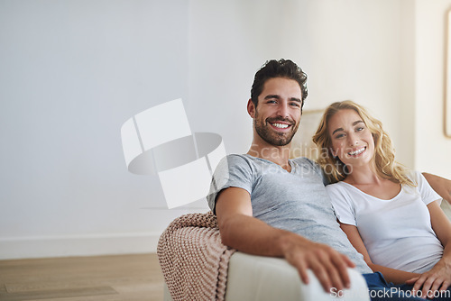 Image of Smile, portrait or happy couple in home with trust, commitment or loyalty together bonding or smiling. Wellness, lovers or woman enjoys quality time with a romantic man on holiday weekend break