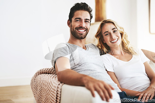 Image of Smile, portrait or happy couple in home bonding or smiling with trust, commitment or loyalty together. Relax, lovers or woman enjoys quality time with a romantic man on holiday weekend break