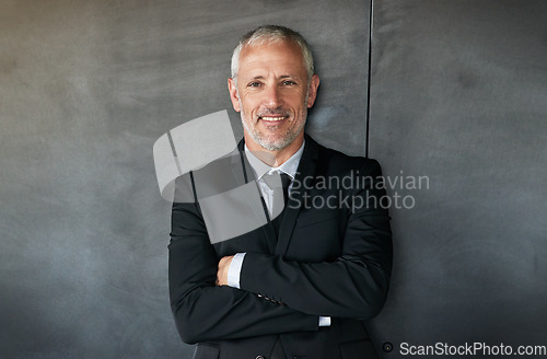 Image of Happy, portrait and a businessman with a smile and arms crossed in studio. Confident senior entrepreneur or executive person with corporate clothes, positive mindset and career pride on mockup space