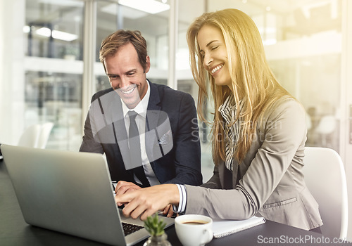 Image of Man, woman and laptop with partner, research and smile with pointing for project, ideas or company vision. Businessman, partnership and computer with discussion, teamwork and consulting with analysis