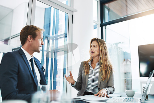 Image of Meeting, man and woman brainstorming, collaboration and conversation for ideas, target and teamwork. Staff, happy employees and partnership for profit growth, company development and startup success