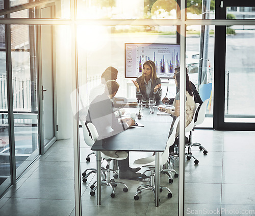 Image of Business meeting, coaching and people in office for planning, discussion and problem solving. Team, collaboration and woman leader with group in a boardroom for sharing training, growth and vision