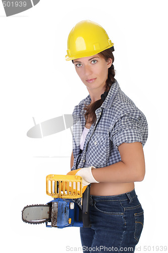 Image of Beauty woman with chainsaw