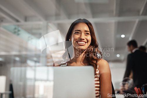 Image of Laptop, idea and glass with a business woman in the office, working while sitting at her desk. Computer, thinking or smile and a happy young female employee with a vision of the future at work