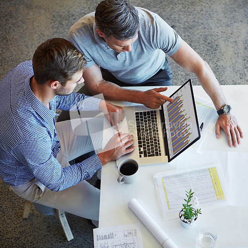 Image of Laptop data, discussion and business people teamwork on stats analysis, accounting or finance research. Pointing gesture, cooperation and top view of accountant team working on chart analytics review