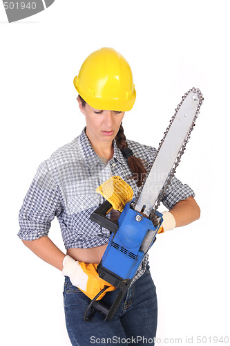 Image of Beauty woman with chainsaw