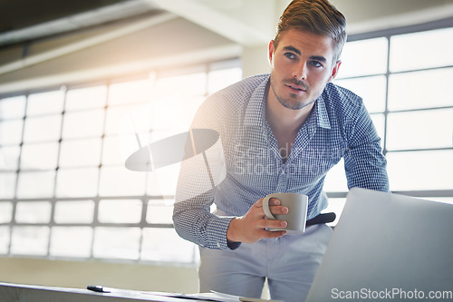 Image of Morning coffee, office laptop and business man think of sales plan, company administration or stats analysis. Tea drink, ecommerce and male businessman working on online research for agency review