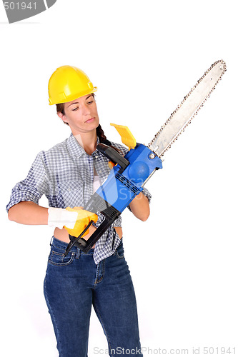 Image of Beauty woman with chainsaw