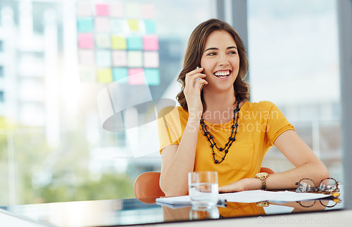 Image of Happy woman in business, phone call and laughter with communication in office with conversation and contact. Positivity, professional female person networking or casual discussion on mobile