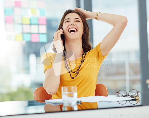 Image of Woman laughing in office, funny and phone call communication with business contact or conversation. .Positivity, professional and female person networking in casual discussion on mobile with laughter