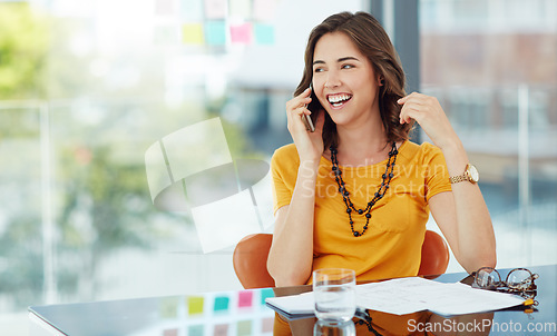 Image of Woman laughing in office, phone call and communication with business contact and funny conversation. Positivity, professional female person networking or casual discussion on mobile with laughter