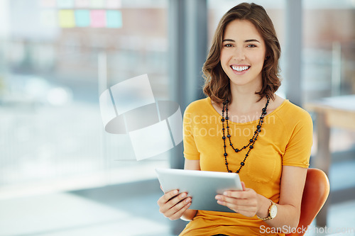 Image of Business woman in portrait with tablet in office, ideas and inspiration for project at digital marketing agency. Creative female designer, app development and web design with tech and mockup space