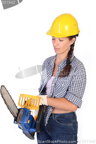 Image of Beauty woman with chainsaw