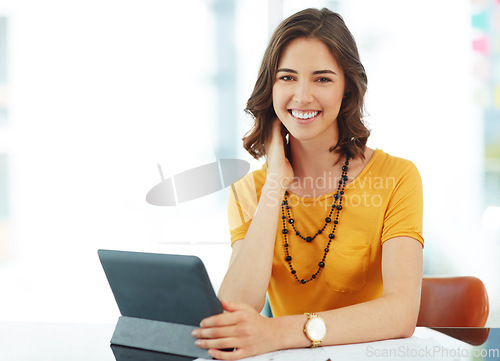 Image of Business woman with tablet, portrait and research ideas for inspiration for project at digital marketing agency. Creative female designer with smile, professional mindset and web design with tech