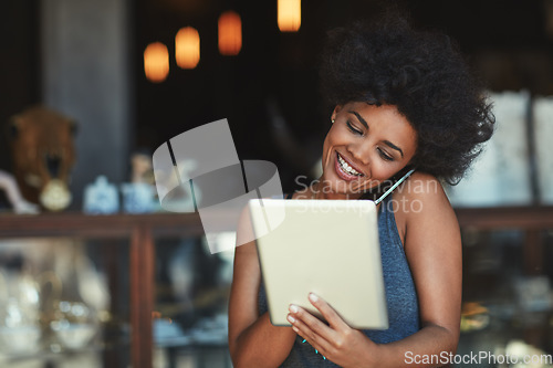 Image of Cafe store, tablet and happy woman in phone call communication with retail supplier, business contact or caller. Hospitality, conversation and person speaking, talk and chat in coffee shop restaurant