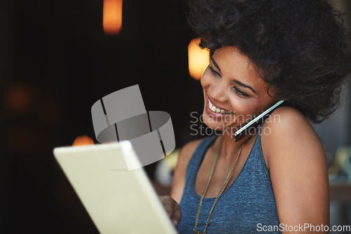 Image of Coffee shop, phone call and happy woman reading tablet date, digital inventory checklist or online delivery order. Communication, conversation and store manager talking in store, restaurant or cafe