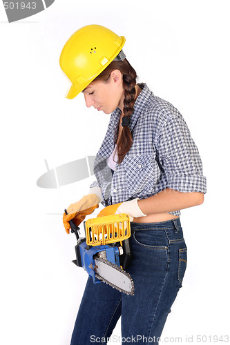 Image of Beauty woman with chainsaw