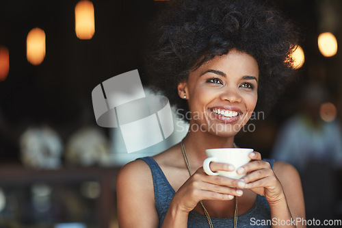 Image of Cafe, smile or woman with tea drink, hot chocolate or latte for morning hydration, wellness and drinking espresso. Happiness, relax or happy female customer in coffee shop, restaurant or retail store