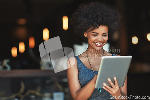 Image of Smile, tablet and woman reading cafe data, customer experience feedback or happy for income, revenue or sales statistics. Online restaurant report, small business and female person with store success