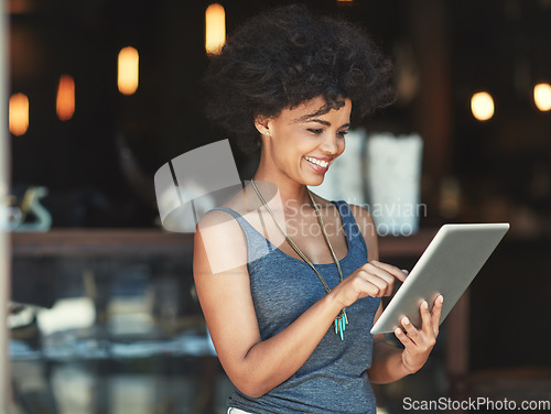 Image of Tablet, typing and happy woman reading restaurant insight, review or smile for income, revenue or retail sales. Coffee shop report, small business growth and female manager with cafe store success
