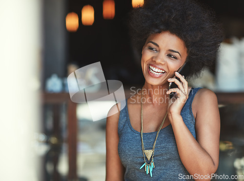 Image of Coffee shop, smile and happy woman in phone call communication, funny conversation or discussion. Commerce restaurant, consulting and female person speaking, laugh and talking to cafe store contact