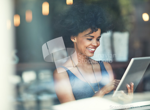 Image of Tablet, coffee shop window or happy woman with online insight, positive feedback and smile for cafe service review. Customer research, growth statistics and retail person with restaurant sales income