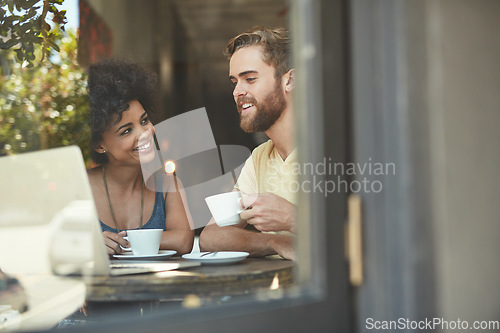 Image of Restaurant window, coffee and happy people, couple of friends or customer talking, speaking and on Valentines Day date. Tea shop drinks, conversation and man and African woman in retail cafe store