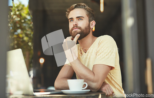 Image of Cafe laptop, focus and man thinking of idea, problem solving solution or hospitality decision, tea choice or brainstorming. Coffee shop, male freelancer or restaurant customer thoughtful over retail