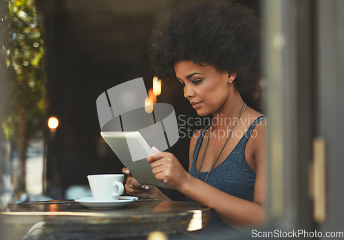 Image of Tablet reading, focus and cafe woman, customer or freelance worker doing online project, research or report article. Review, analysis and person check restaurant, coffee shop or store sales insight