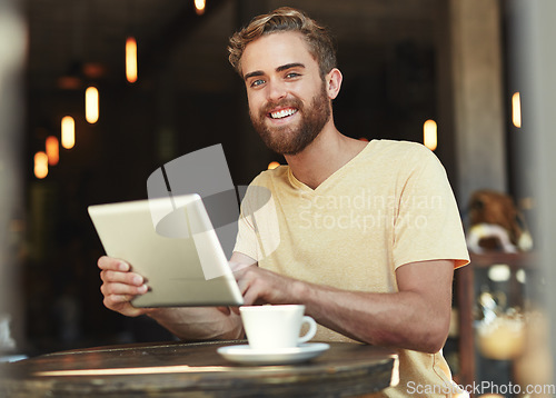 Image of Cafe portrait, tablet and happy man work on online project, research or review restaurant, store or coffee shop service. Smile, happiness and person working on hospitality insight, data or statistics