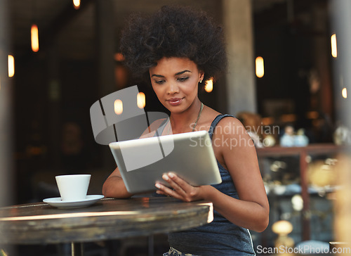 Image of Tablet reading, typing and coffee shop woman, retail customer or manager doing hospitality research for startup growth. Review, analysis and person check restaurant, cafe or store sales statistics