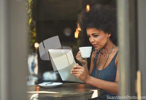 Image of Cafe shop, tablet and woman reading project data, research insight or small business report of monthly sales income. Hospitality, coffee store and female manager drinking tea beverage in restaurant