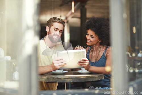 Image of Cafe store, tablet and happy people teamwork on project, research or customer experience report in retail coffee shop. Partnership, collaboration or diversity team doing internet search in restaurant