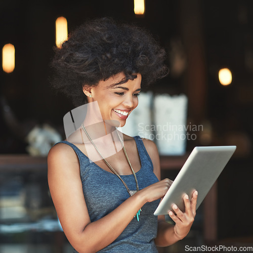 Image of Tablet, smile or happy woman with online restaurant insight, positive feedback and happiness for cafe service review. Hospitality report, store growth data and retail person with coffee shop success