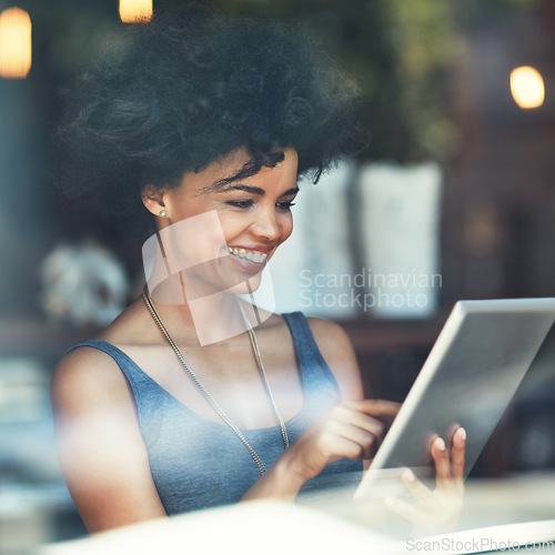 Image of Happiness, cafe window or woman with tablet insight, hospitality feedback and manager happy for startup project. Entrepreneurship, small business owner and retail person with restaurant sales revenue