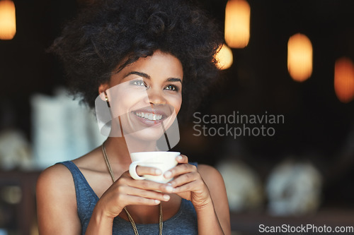 Image of Restaurant, thinking or happy woman with tea cup drink, contemplating and choice of hot chocolate, latte or espresso. Happiness, drinking or female customer relax in coffee shop, store or retail cafe