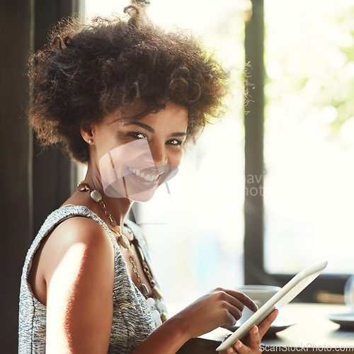 Image of Restaurant portrait, smile or happy woman with tablet research, coffee shop service and typing monthly cafe report. Freelance work, customer satisfaction and retail person working in tea store