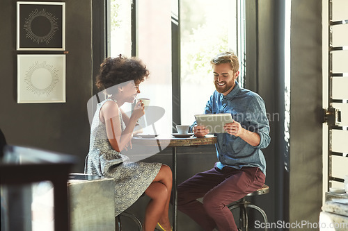 Image of Tablet, coffee shop teamwork and happy team conversation about retail news, restaurant customer sales or cafe store service. Reading web summary, diversity partner and people plan franchise growth