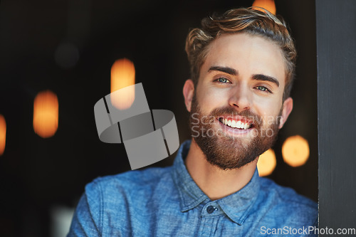 Image of Happy, face portrait and cafe man, coffee shop manager or small business owner with smile for startup success. Entrepreneur pride, retail store and person confident in commerce restaurant service