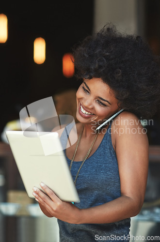 Image of Coffee shop, tablet or happy woman in phone call discussion with retail supplier, business contact or person. Communication, inventory checklist and store manager talking in store, restaurant or cafe