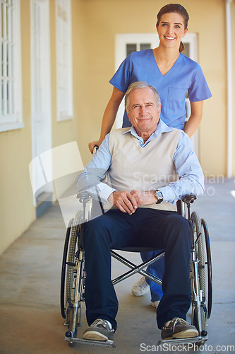 Image of Portrait, caregiver or old man in wheelchair in hospital helping an elderly patient for support in clinic. Happy, medical nurse or healthcare social worker talking to a senior person with disability