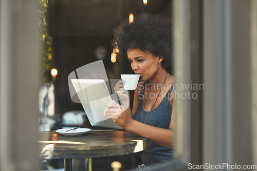 Image of Tea shop, tablet and business woman reading project data, research statistics or start up restaurant report of sales revenue. Analysis, coffee store and female manager drinking tea, beverage or drink