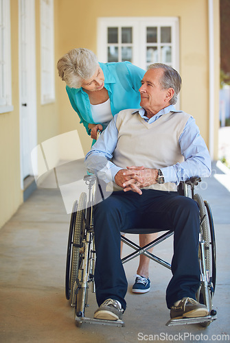 Image of Push, old woman or old man wheelchair in retirement or nursing home helping husband for support. Talking, mature couple or elderly wife with a senior person with a disability in house or clinic
