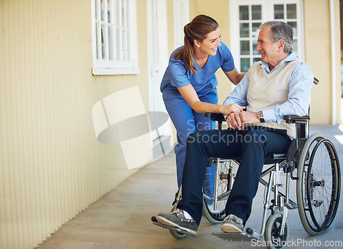 Image of Talking, happy caregiver or old man in wheelchair in hospital helping an elderly patient for support in clinic. Medical nurse or healthcare social worker speaking to a senior person with disability