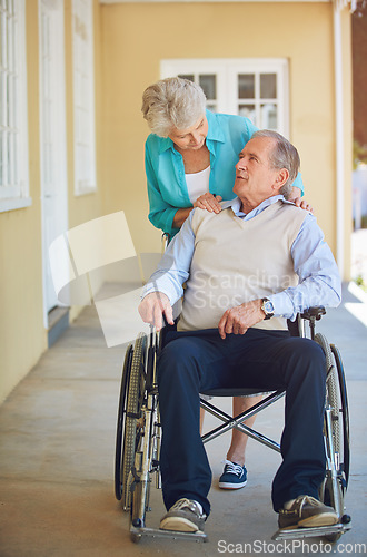 Image of Talking, old woman or senior man wheelchair in retirement or nursing home helping husband for support. Wellness, couple or elderly wife pushing a mature person with a disability in house or clinic