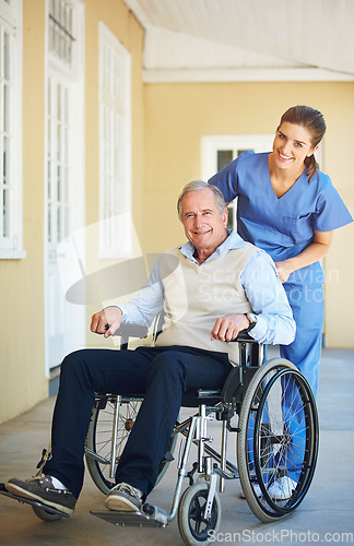 Image of Portrait, nurse or happy old man in wheelchair in hospital clinic helping an elderly patient for trust or support. Happy, smile or healthcare caregiver talking to senior person with a disability